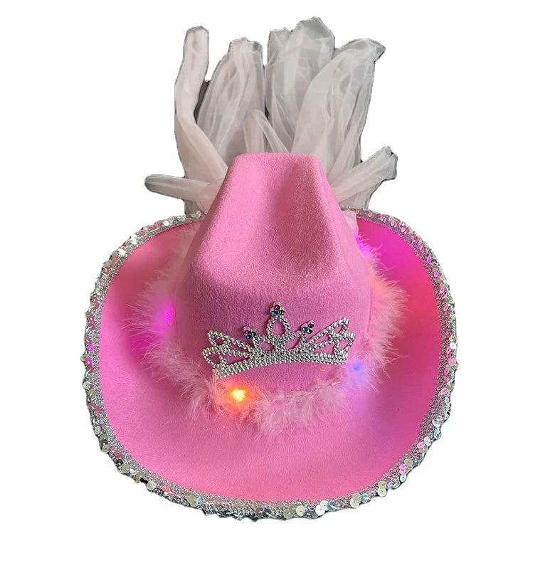 Fashion pink SequinsTiara Led Light-Up Blinking Crown Cowboy princess hat bulk wedding Cowgirl Hats with Removable Bridal Veil