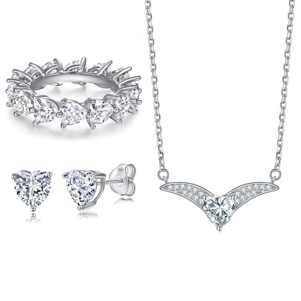Jewelry Set Heart Full Circle Ring Prong Setting Sterling Silver Set