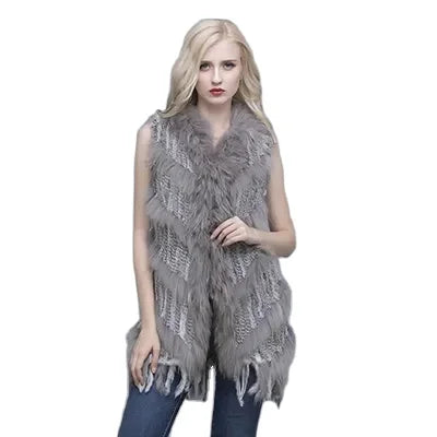 MWFur Fashion Knitted Rabbit Fur Vest With Raccoon Fur Collar Winter Fashion Fur Sleeveless Vests  for Winter Women Ladies