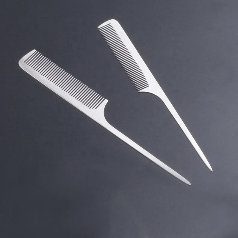 Wholesale Custom LOGO Barber Hairdressing Salon Metal Comb Stainless Steel Silver Braiding Combs Rat Tail Comb