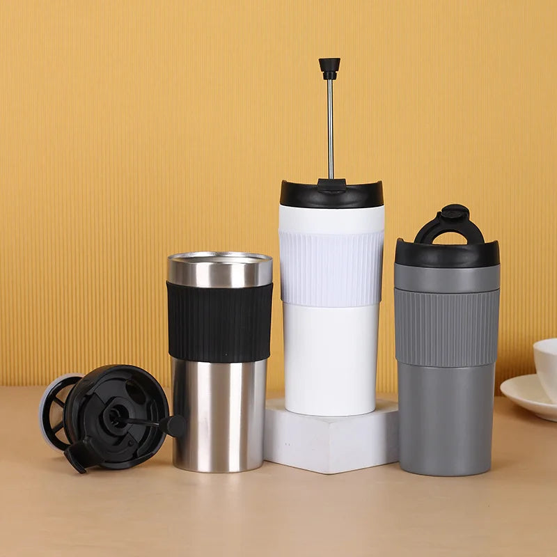 Portable Double-Walled 304 Stainless Steel Travel Tumbler Mug Vacuum Insulated Reusable French Press Coffee Cup with Lid