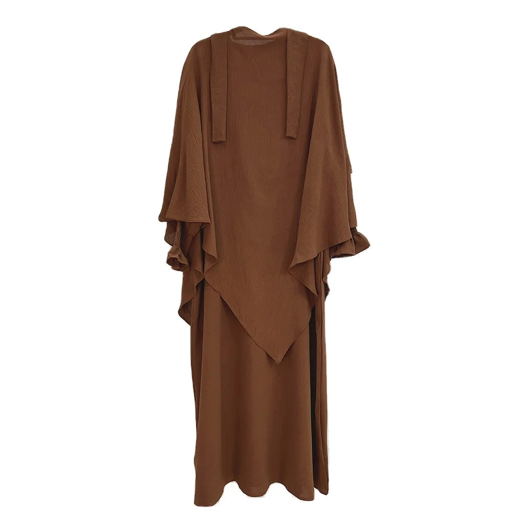 2023 New Modest Butterfly Ruffle Crepe Abaya and Khimar Set Islamic Clothes Eid 2 Pieces  Set