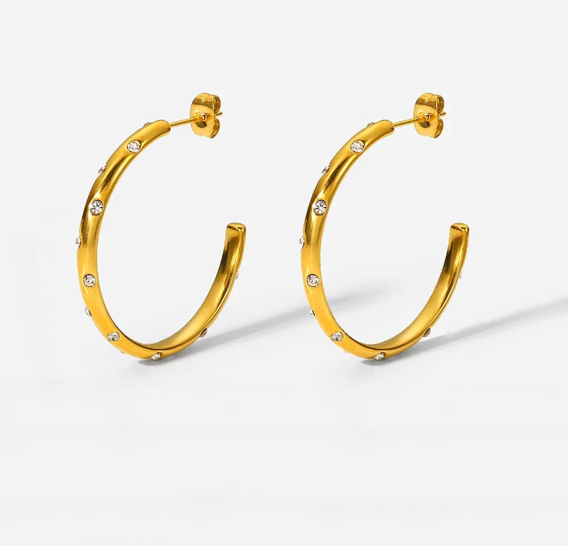 Trendy Minimalist Statement Party Gift Crystal Cz Paved Stainless Steel Jewelry 18k Gold Plated Big Hoops Earrings