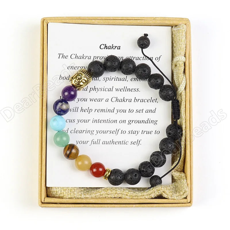 Genuine Healing Crystal Bracelet 7 Chakra Yoga Lava Stone Beads Bracelets With Box Package for Women Man Jewelry