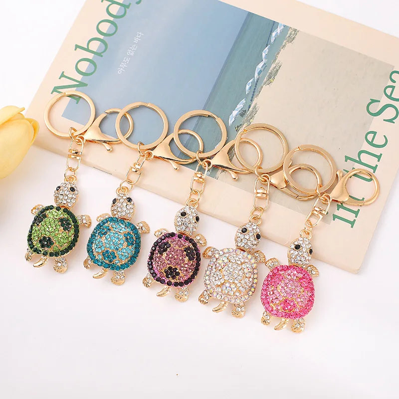 Sparkling Turtle Keychain Rhinestone Car Accessory Cute Sea Animal Keyring Metal Bag Charm Gift for Women Kids