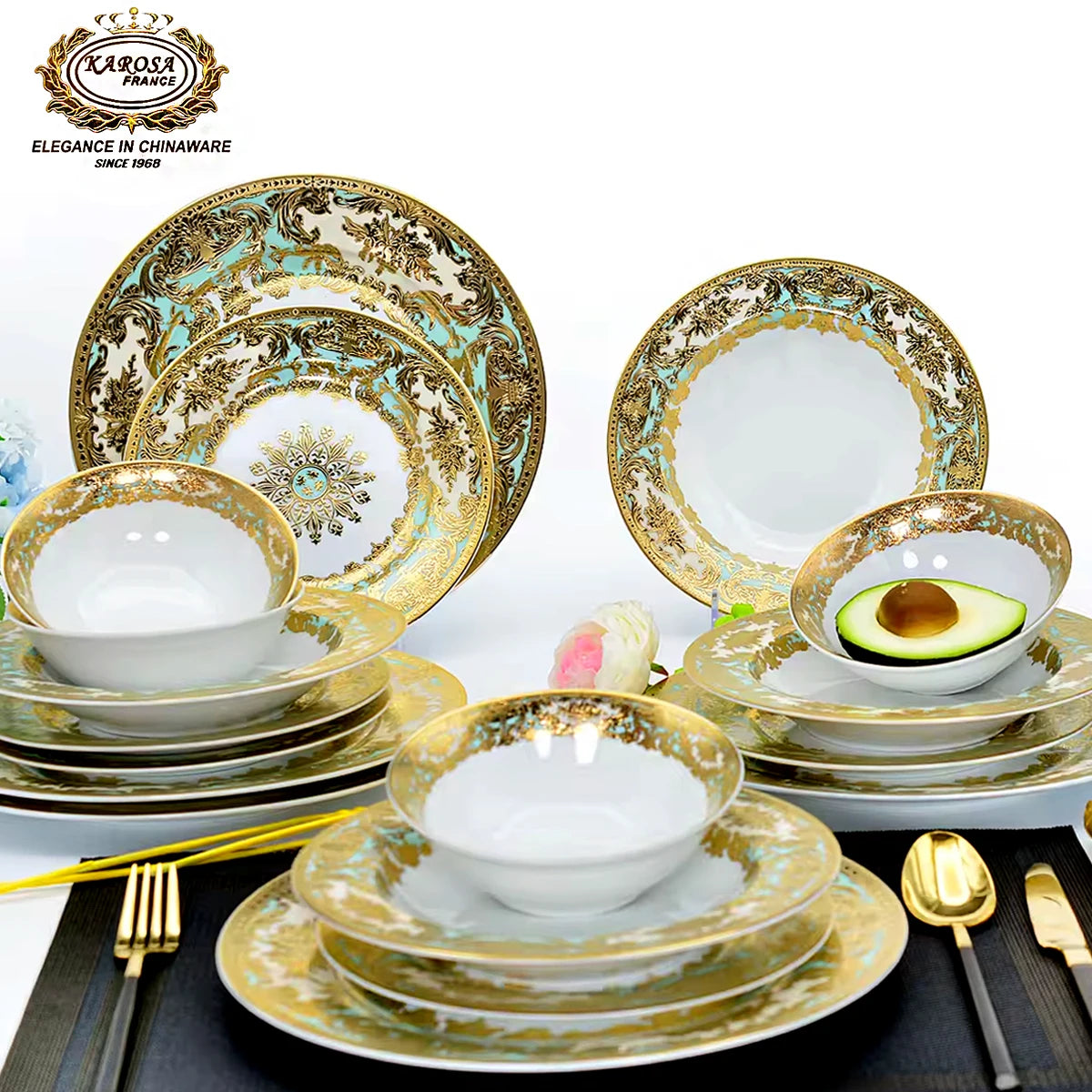 24 Pieces Complete Beautiful Elegant Gold Pattern Plate Dinner Dish Bone China Set for 6 People