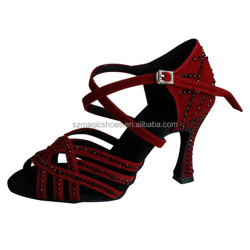 New Style Burgundy Dance Shoes Heels with Black Beads