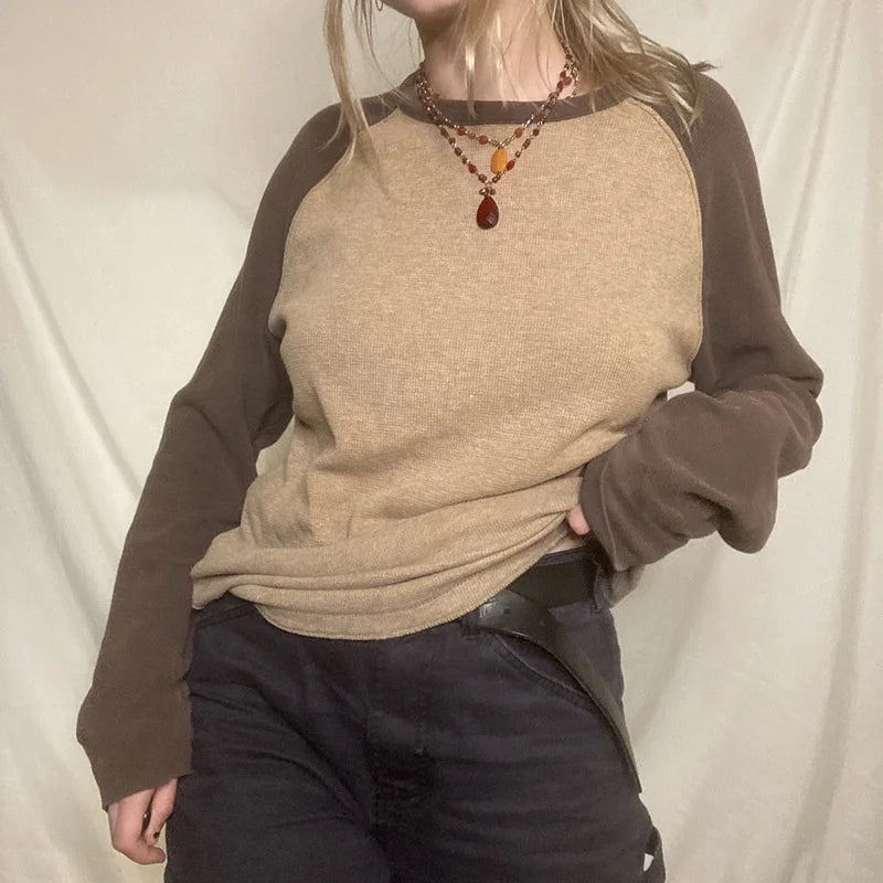 Patchwork T Shirt Knitted Harajuku Vintage Pullovers Casual Basic Kawaii Tee Autumn Winter Grunge Fairycore Women