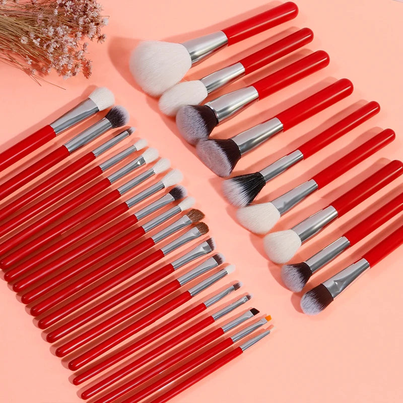 28 Pcs Goat Hair Makeup Brush Set Red Professional Makeup Brushes Kit New Year Gift Wood Handle Makeup Brush Set Custom Logo