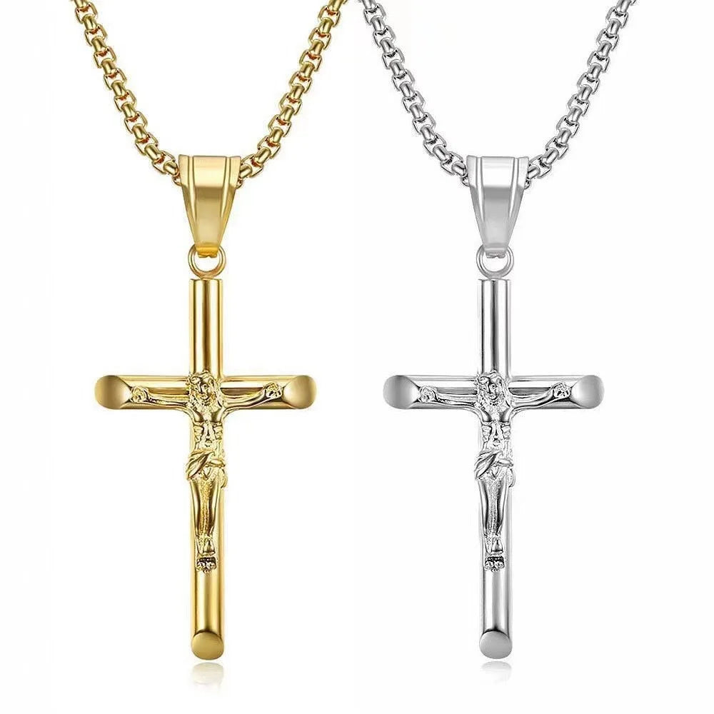 Minimalist jewelry stainless steel cross necklace for men women church prayer baptism jesus pendant square pearl chain wholesale