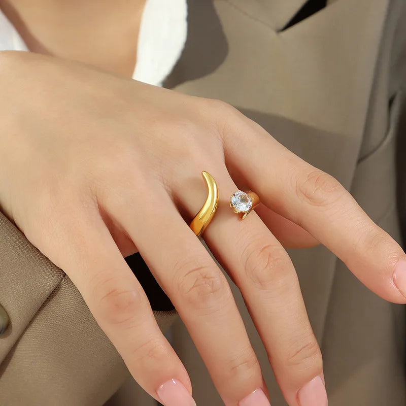 French Geometric Irregular Classic Six-Claw Inlaid Zircon Ring for Girls Titanium Steel Ring Ins Style Ornament