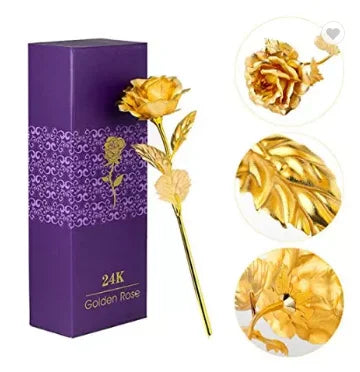 Romantic Rose Flower Eternal 24K Gold Foil Plated Flower Valentine's Day Gift Wedding Decor with Dipped Long Stem for Christmas