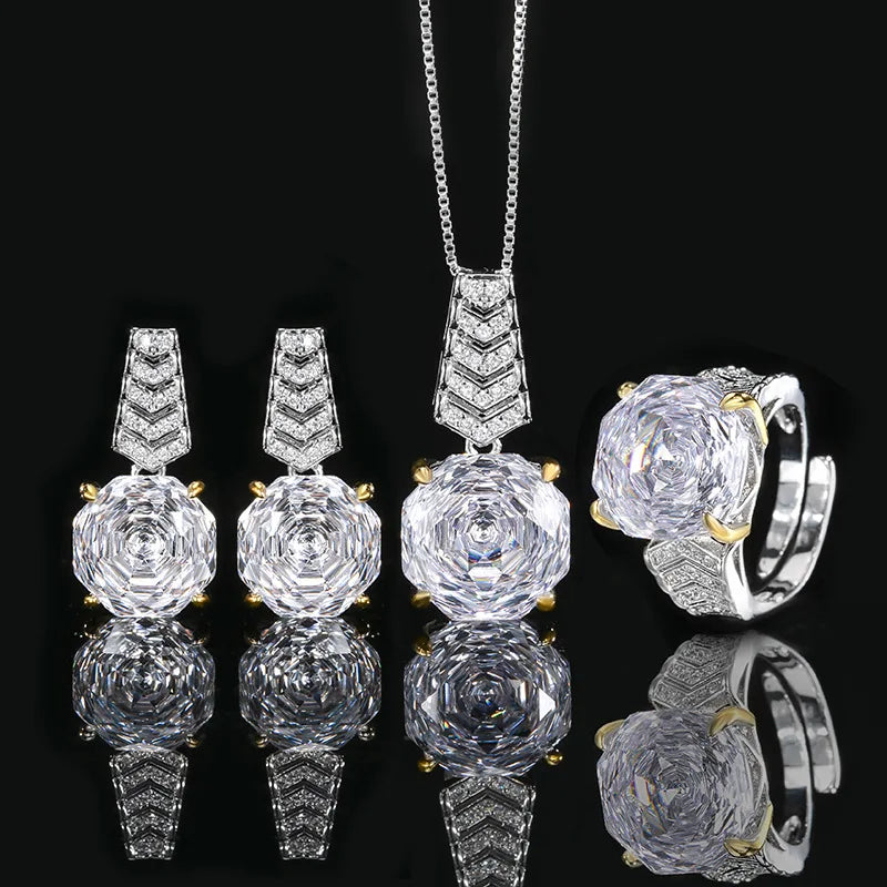 New Luxury Jewelry  Cut White Zircon Temperament Light Luxury Wedding Set Rose Shaped Jewelry