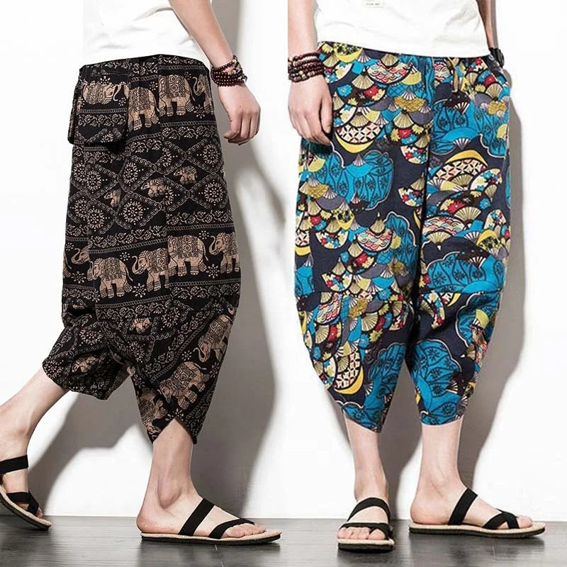 Mens Hippie Cropped Pants African Drop Crotch Capri Trousers Ethnic Graphic Joggers Hip Hop Costumes Thai Clothing Baggy Pants