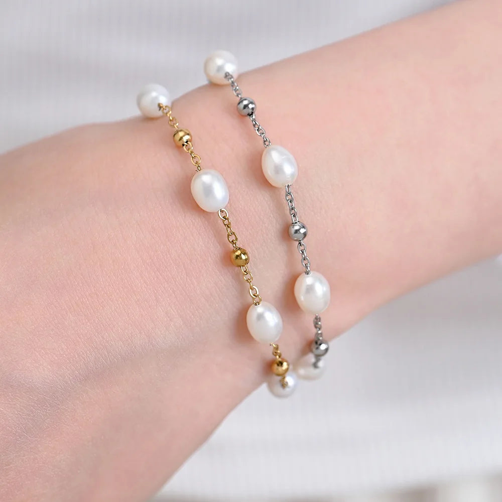 Hot Selling Fashionable Women's Simple Imitation Pearl Bracelet Waterproof 18k Gold-plated Stainless Steel Bead Bracelet Jewelry