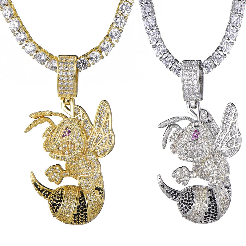Hip-Hop Jewelry Angry Bee Wasp Hornet White Gold Silver Bling 3A+ Grade Zircon Copper Pendant Chain Rapper Necklaces In-Stock
