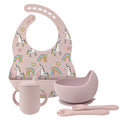 5PC Toddler Dining Set Baby Silicone Feeding Set Bowl With Straw Cup Spoon and Fork Kit Print Bib Waterproof Babero Custom Logo