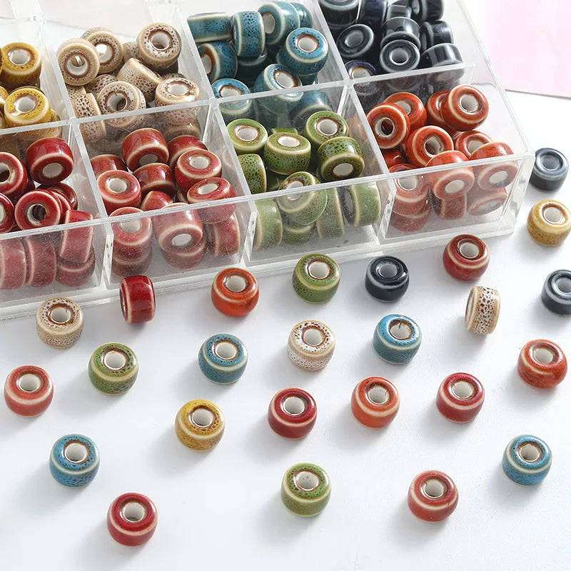 Simple 10mm Colorful Ceramic Clay Beaded Handmade Hollow Flat Round Loose Beads Charm for DIY Jewelry Making Accessories