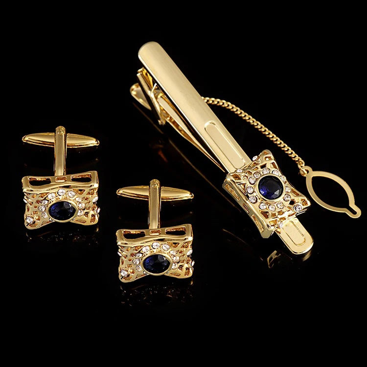 Cufflinks Tie Clip Set for Men Luxury Quality Diamonds Gold Cuff Links Necktie Bars 3pcs Set Business Wedding Tie Pins for Shirt