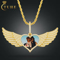 Ready to Ship Memory Jewelry 45mm Gold Plated Brass AAAAA CZ Diamond Iced Out Heart Wing Photo Pendant for Men Women