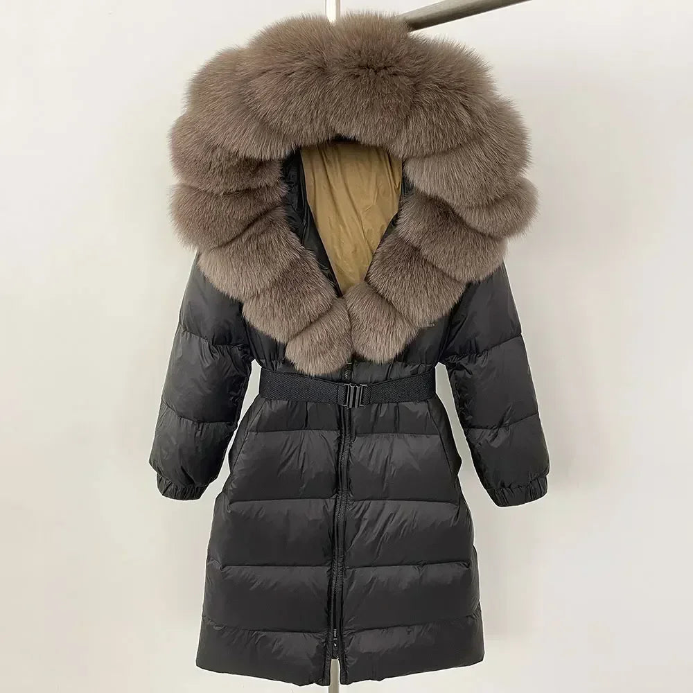 OFTBUY Women's New Winter Fashion Loose Casual 90% Jacket with Removable Oversized Fox Fur Collar Short Length