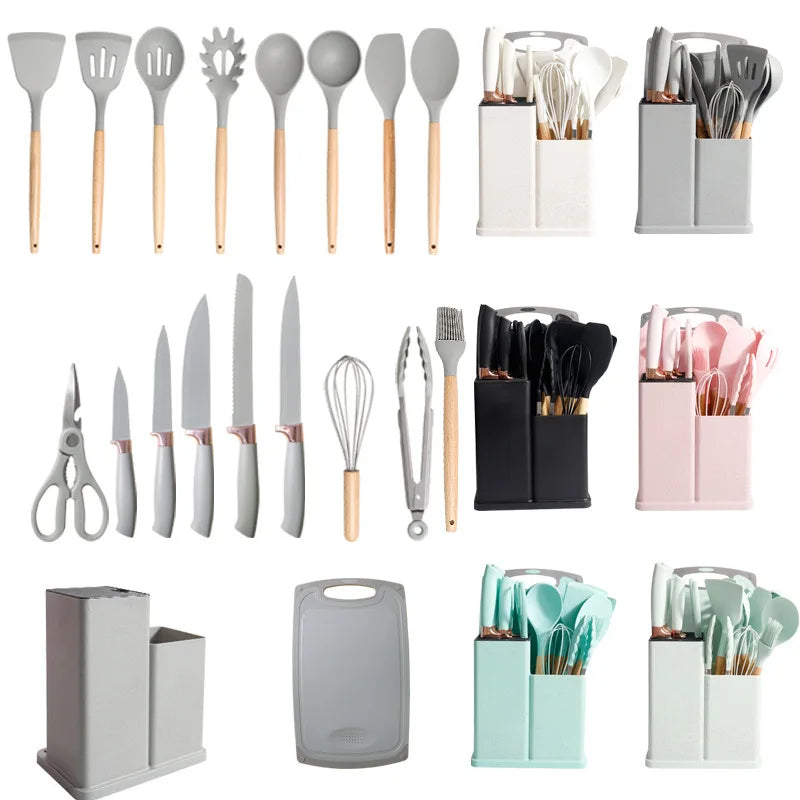 Wooden Handle Non-Stick 19PCS Kitchenware With Storage Bucket Silicone Kitchenware Cooking Utensils Set