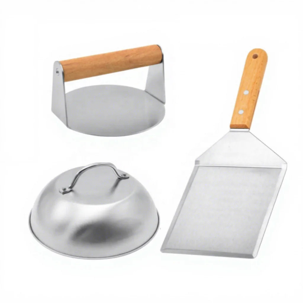 YINHAO 3pcs Griddle Tools Kit Set Stainless Steel Melting Dome Wooden Handle Burger Smasher Grill Spatula Smash Burger Press Set
