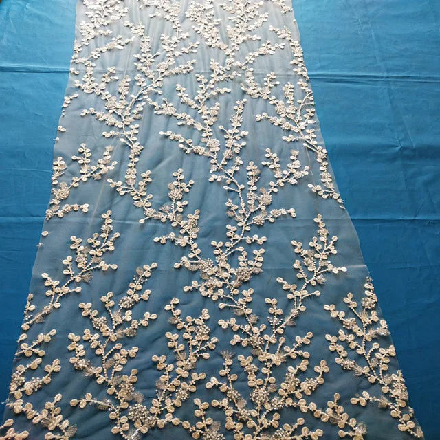 Gorgeous Ivory Embroidery Beaded  Lace Fabric With Transparent Sequins Glitters for Bridal Dress