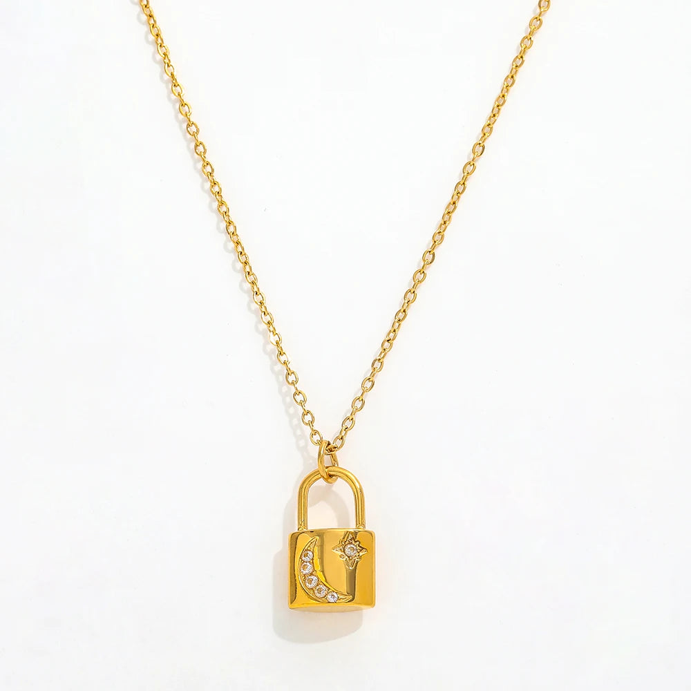 Joolim Jewelry 18K Gold Plated Waterproof Moon Star Zirconia Padlock Pendant Necklace Stainless Steel Jewelry Wholesale