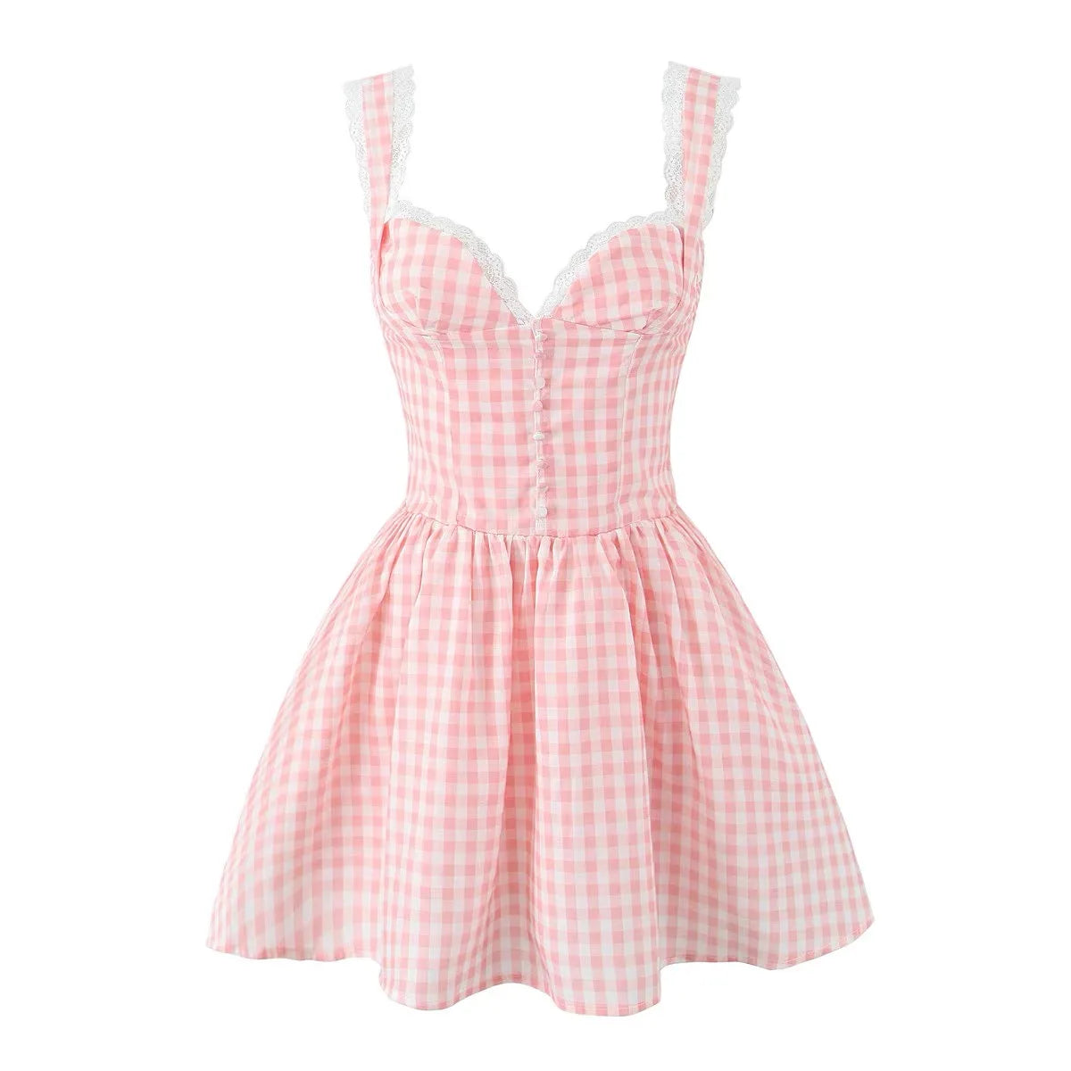 2026 Custom Wholesale Factory Cute Plaid Corset Mini Dress Pleated Straps Prom Pink Pretty V-neck Fashion Regular Dresses
