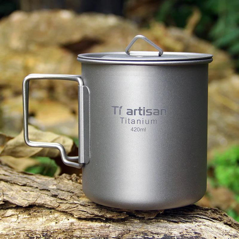 Tiartisan Portable 14oz Titanium Water Mug with Lid and Foldable Handle Customizable Color & Logo Outdoor Use