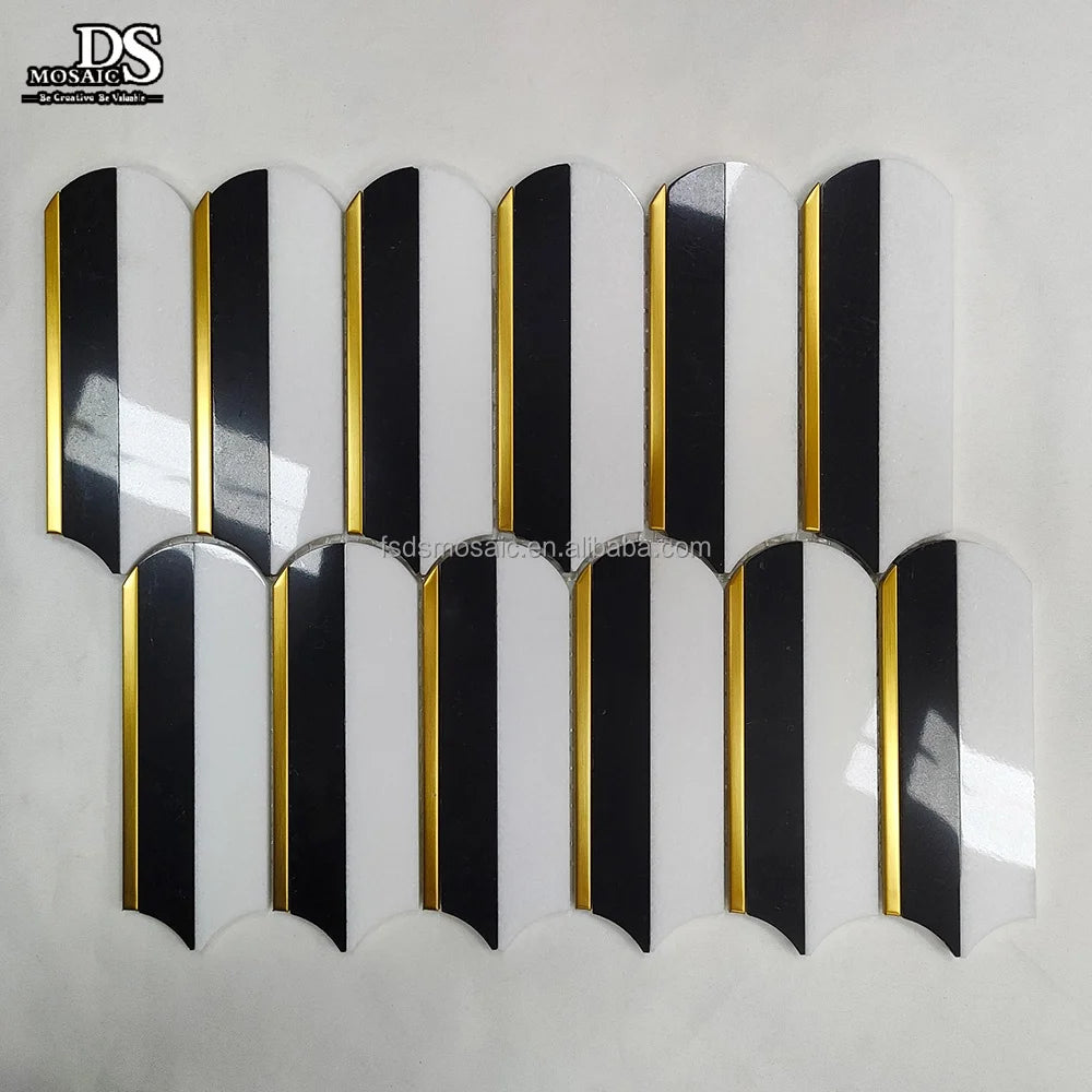 Polished Metal Brass Natural Stone Feather Shape Marble Mosaic Tile Waterjet Cutting for Interior Hotel Mall Wall Art