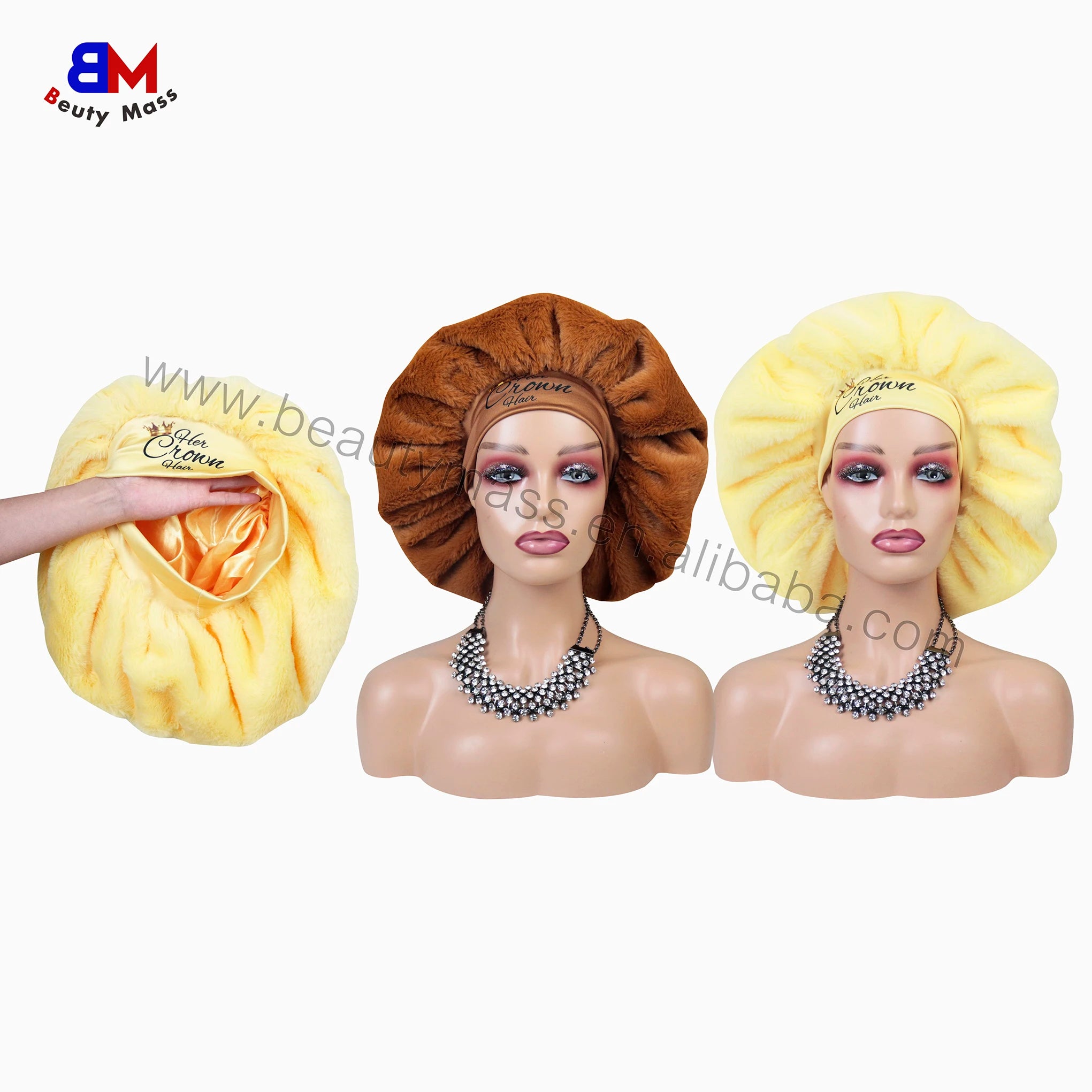 New Design Furry Custom logo Bonnets With Elastic Band Warm Fashion Satin Lined Hair Bonnets for Women