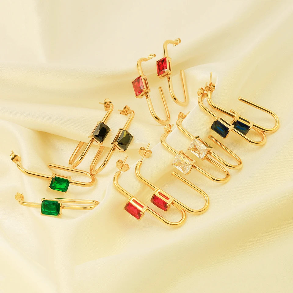 Ins Korean Fashion Ladies Dainty Geometric Huggie Long C Chape Cubic Zircon Inay Stud Stainless Earrings  for Women