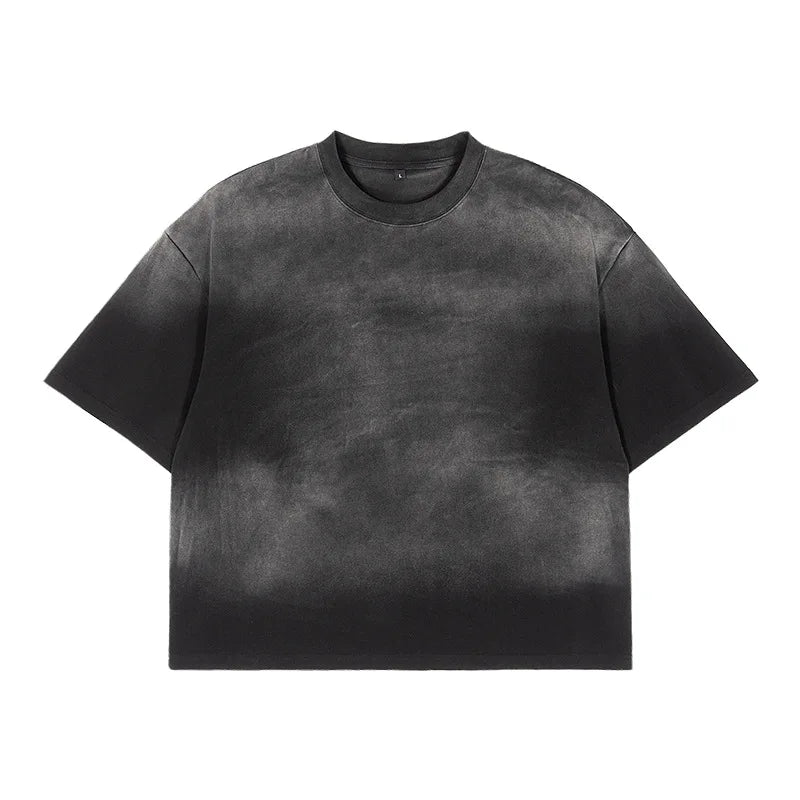 300 Gsm French Terry Cotton Grey Vintage Acid Washed Sun Faded Puff Screen Printing Oversized Cropped Boxy T-Shirt for Men