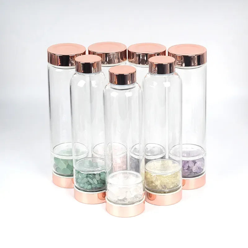 Natural Colored Stone Glass Carafe Custom logo Crystal Energy Stone Crushed Stone Beverage Bottle