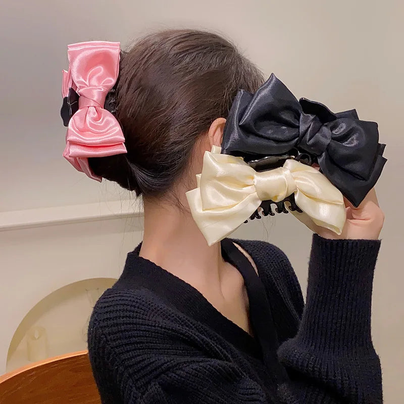 Temperament Big Bowknot Hair Grip Candy Color Double-sided Stain Ribbon Bow Shark Clips Women Elegant Hair Catch