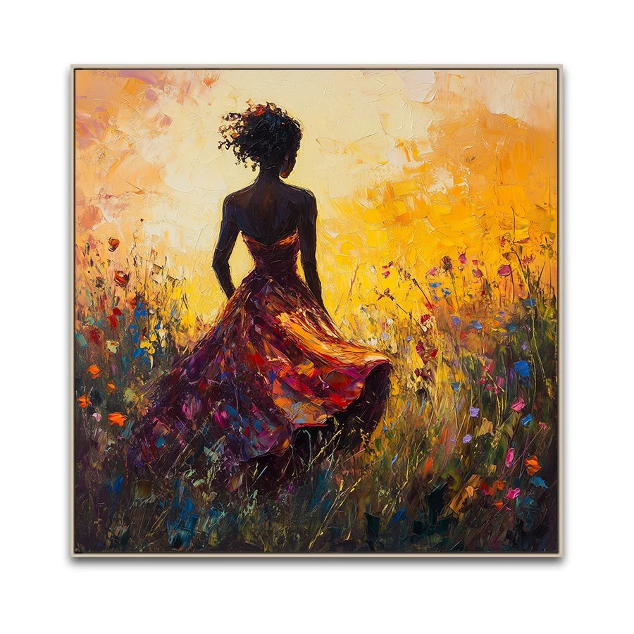 Wholesale Modern Oil Paintings African Woman Beautiful Backside Hand-painted Brush Flowers Canvas Art Prints for Hotel Projects