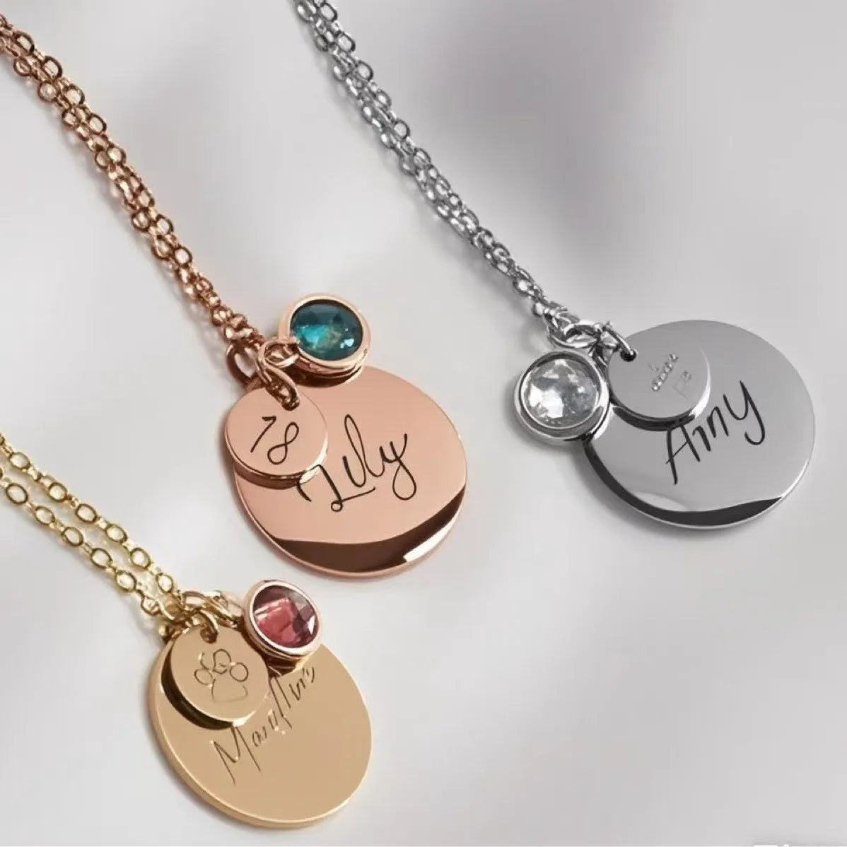 Necklace Fine Adjustable Chain Engraved Round Medal Stainless Steel Birthstone Necklace Pendant Custom Name Logo Necklace