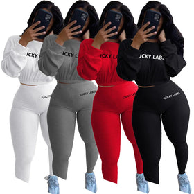 Solid Casual Sportswear 2 Piece Set Letter Embroidery Sports and Leisure Set Ribbed Pit Stripe New Women's Autumn for Women