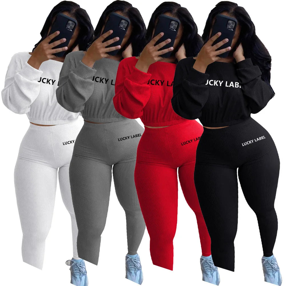 Solid Casual Sportswear 2 Piece Set Letter Embroidery Sports and Leisure Set Ribbed Pit Stripe New Women's Autumn for Women