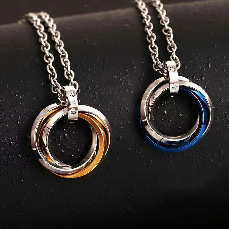 DAIHE Stainless Steel Circle Pendant Necklace Jewelry Accessories Silver Black Triple Interlocking Rings Necklaces for Men Women