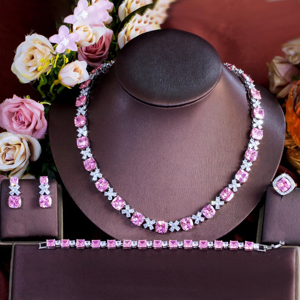 4pcs Shiny Cubic Zirconia Pave Square Pink Necklace Earring Jewellery Luxury Bridal Wedding Banquet Dress Jewelry Set for Women