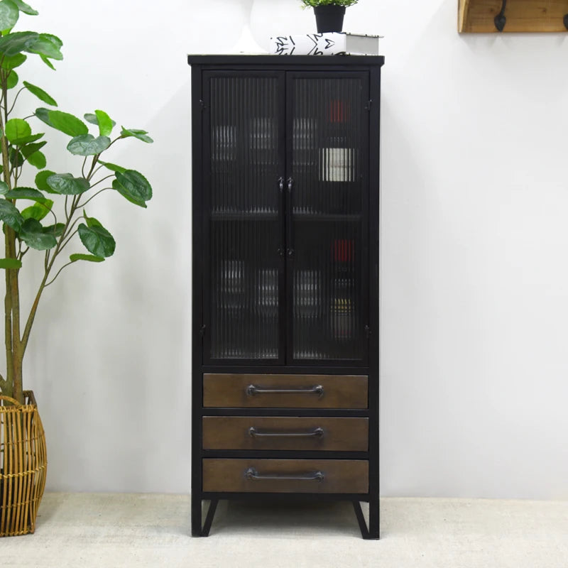 Home Farmhouse Living Room Kitchen Dining Room European Antique Eco-friendly Industrial Adjustable Metal Cabinet Glass Door