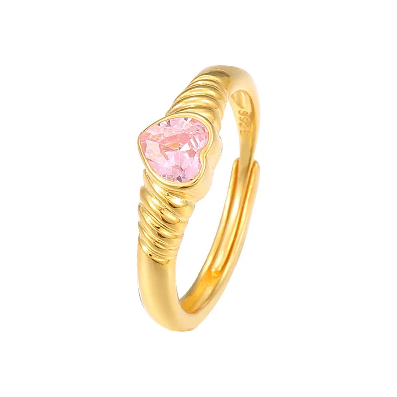 Trendy American European 925 Sterling Silver love Heart pink Zircon Adjustable Gold Plated Rings for Women