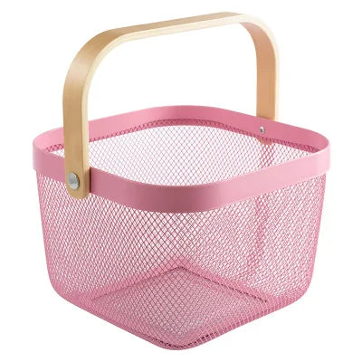 DSH Kitchen Bath Toy Organizer Metal Metal Wire Mesh Fruit Storage Basket with Wooden Handle