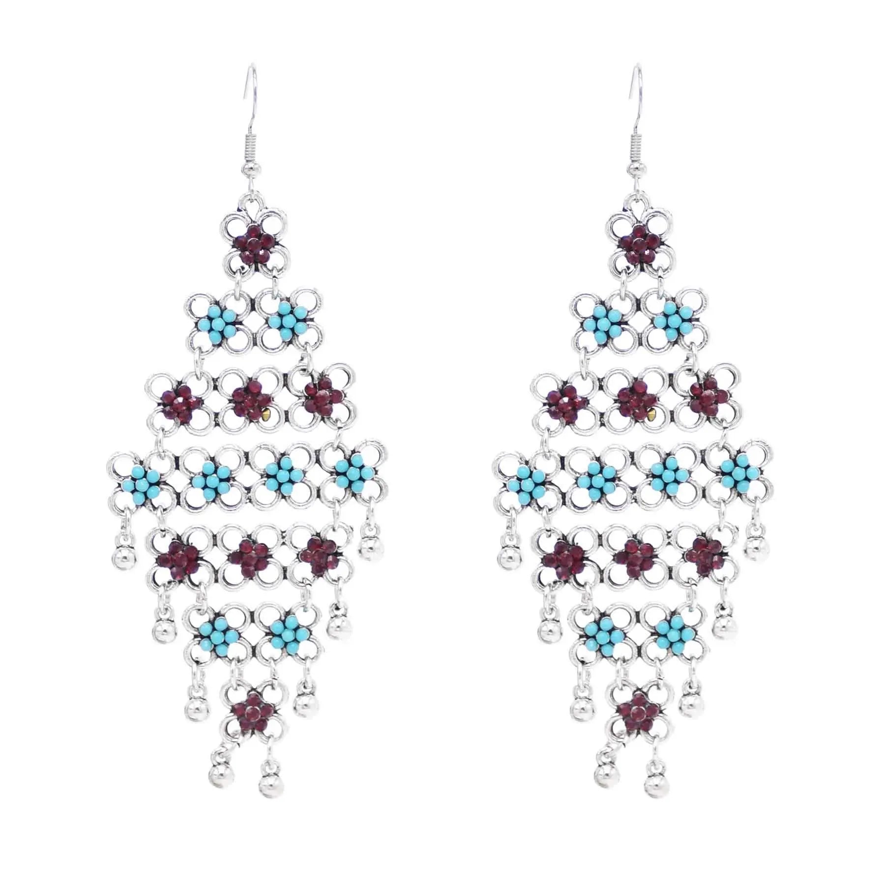 Ethnic Gypsy Rhinestone Flower Earrings Vintage Silver Women Drop Earrings