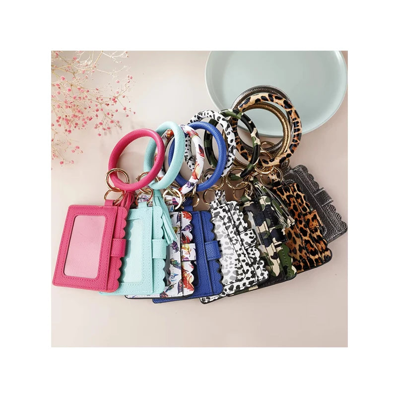 Creative PU Leather Keychain Bracelet with Tassel Pendant and Card Holder Wallet