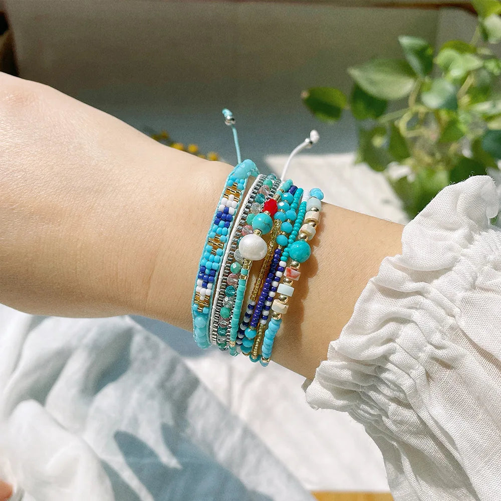 2025 New Boho Vintage Braided Bracelet Multilayer Blue Turquoise Rice Beads Adjustable Women's Bead Bracelet