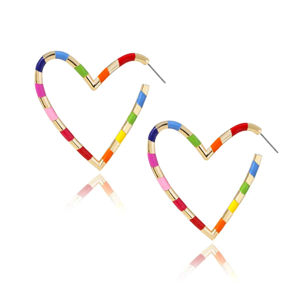 Colorful Oil Heart Geometric Earrings Vintage Zinc Alloy Trendy Rainforest Enamel Bamboo Hoop for Party or Gift 1 OPP Bag
